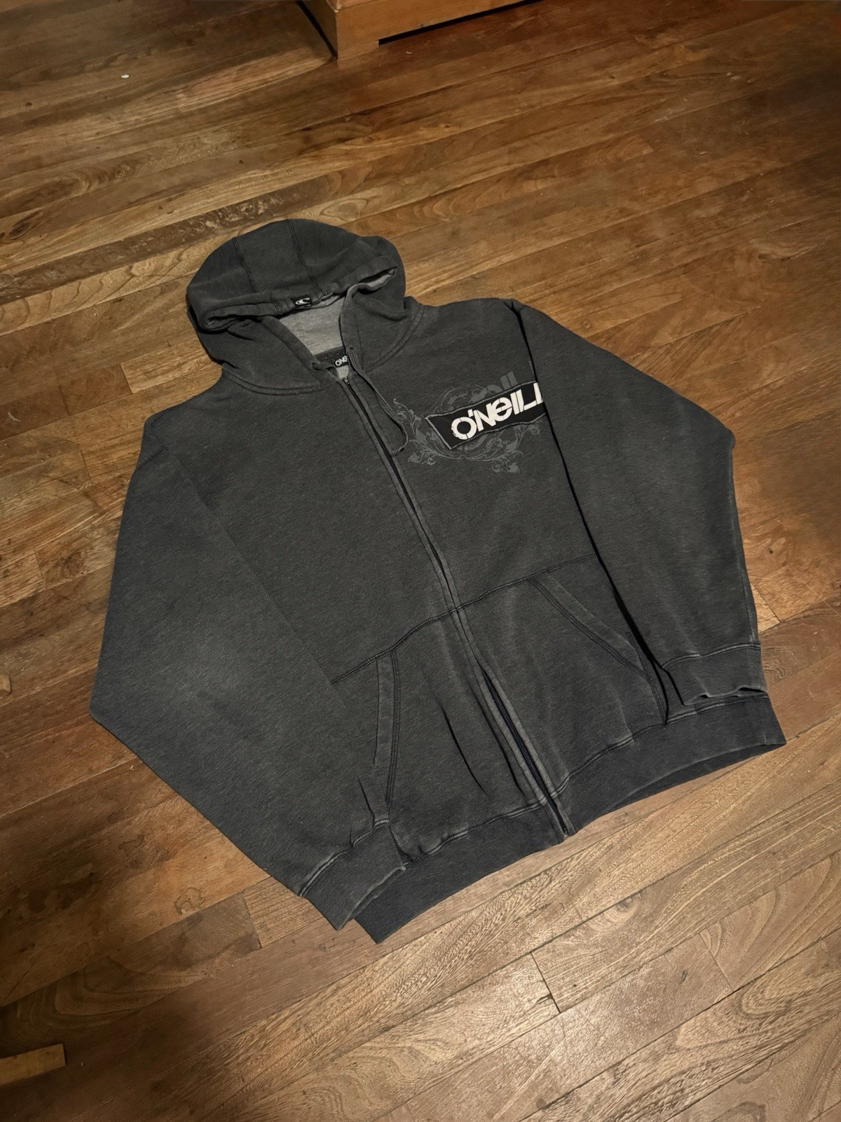 O'Neill Men's Gray Full Zip Fleece Hoodie Logo Drawstring Size L