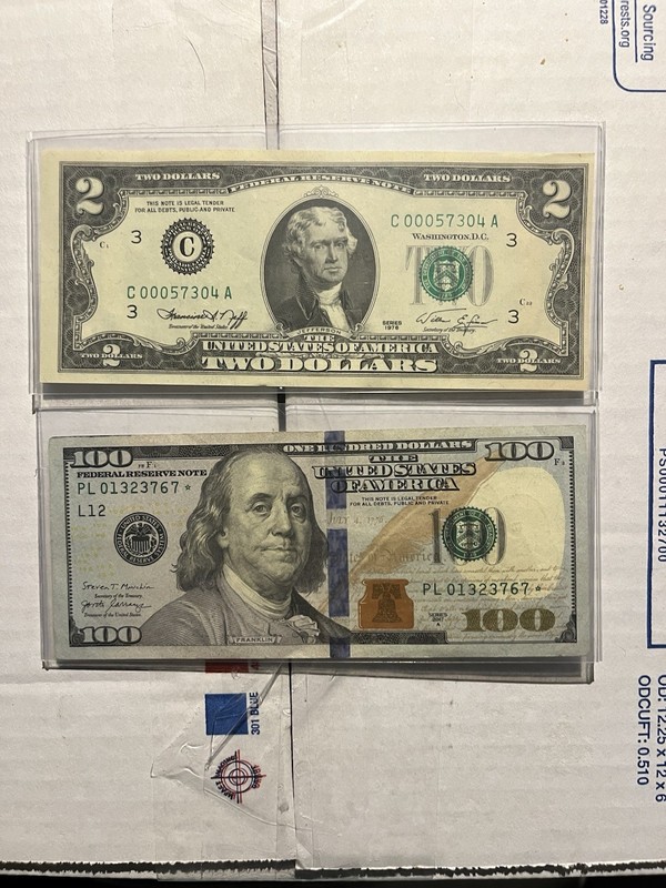 $2 Bill 1976 Series Serial C00057304A + $100 2017A Star Note PL01323767*