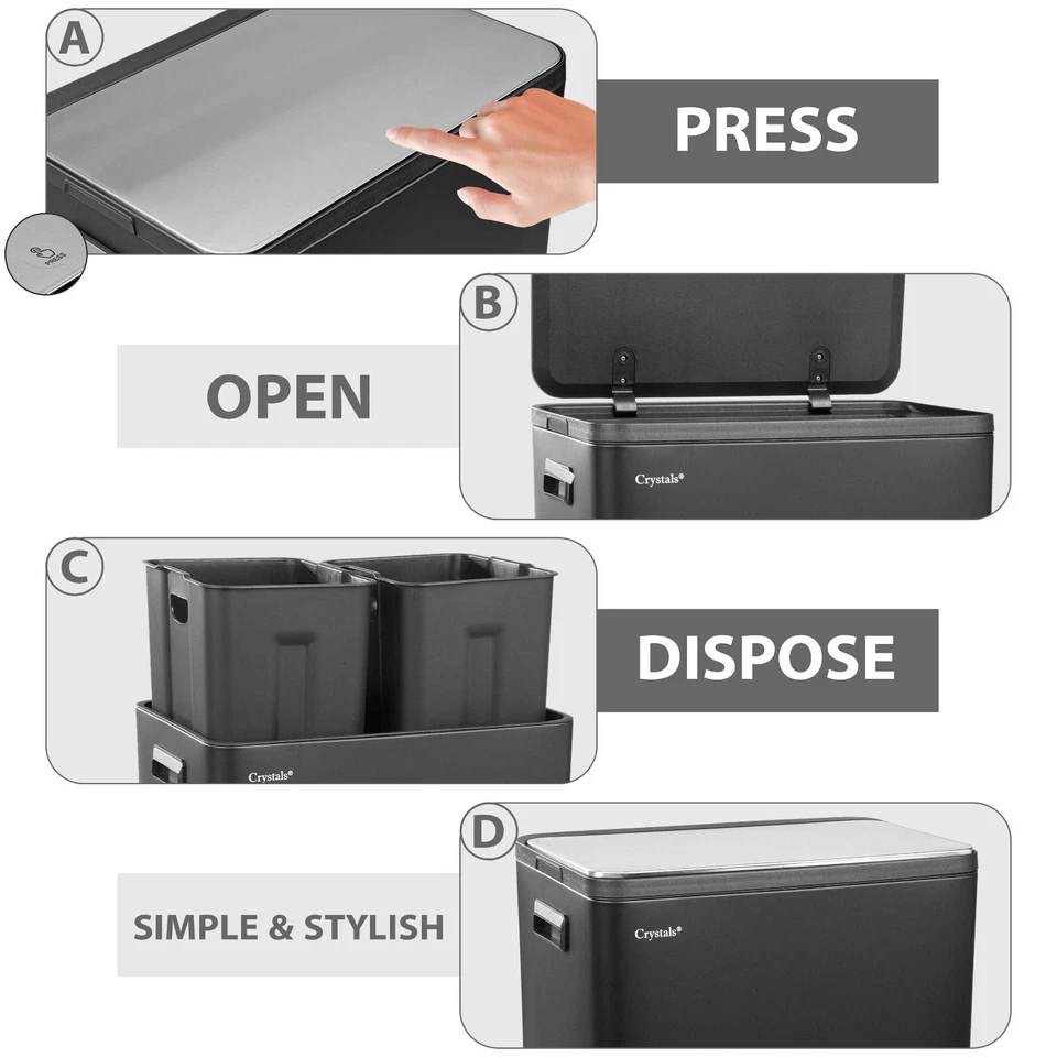 Kitchen Rubbish Recycling Press Top Bin 60L Dual 2 Waste Compartment - Black - Image 4 of 4