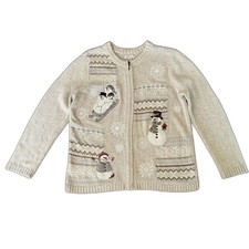Croft  Barrow Women's M Zip Snowman Cardigan Sweater Xmas Holiday Neutral
