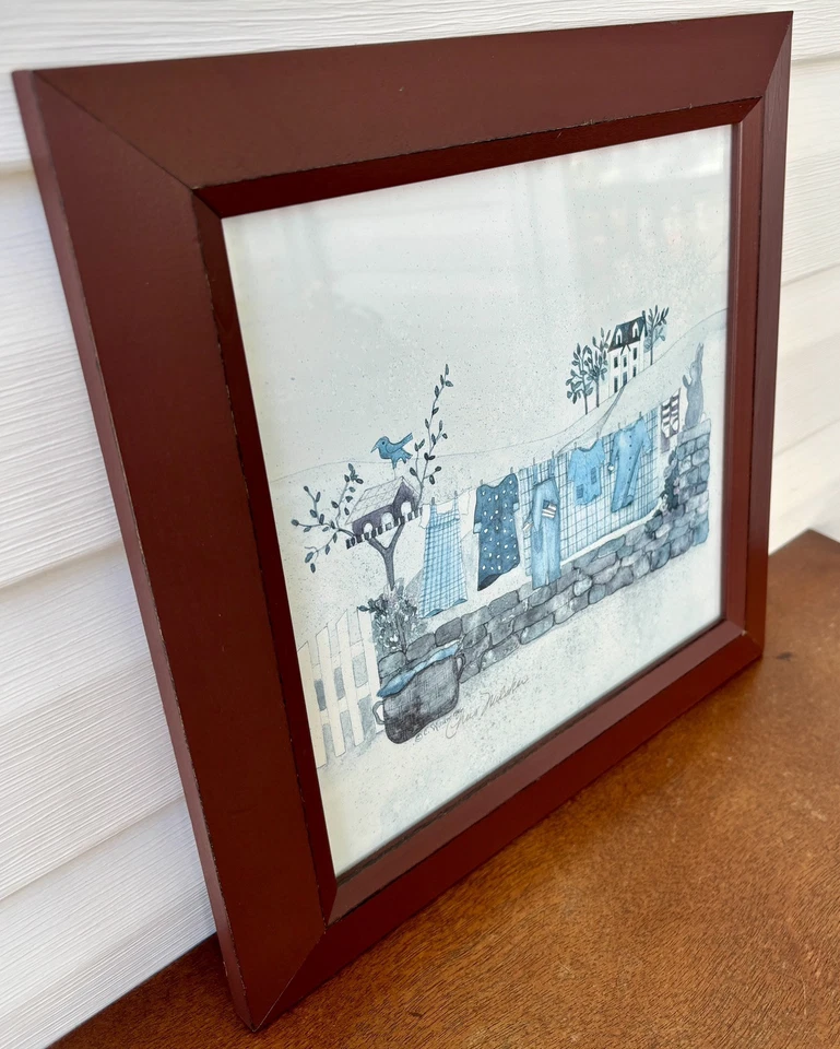 Cottagecore Folk Art Clothesline Scene Signed Watercolor Print Framed C. Wilsker - Image 3 of 4