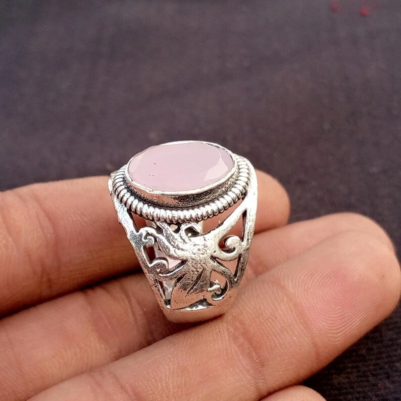 Anillo de cuarzo rosa para hombre de plata de ley 925 hecho a mano anillo de diseñador B142 Foto 4 de 4