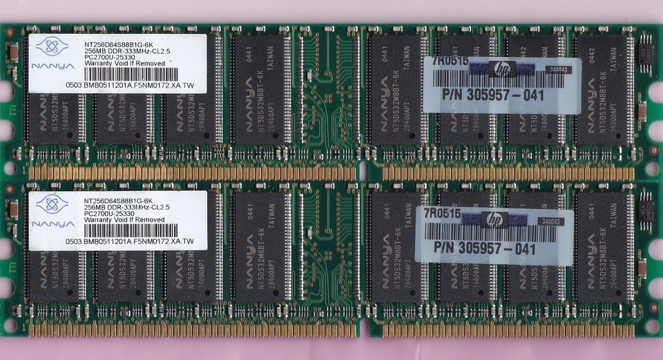 512MB 2x256MB PC-2700 NANYA DDR-333 RAM KIT NT256D64S88B1G-6K HP 305957-041 DDR1 - Image 2 of 3