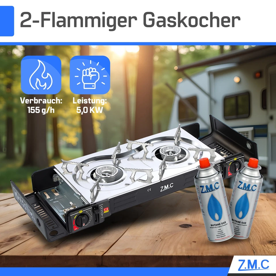 2 flammig Campingkocher Outdoor Camping Gas Kocher Grillplatte + 4x Gaskartusche - Bild 2 von 4