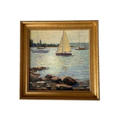 Wall Art Giclee Print on Canvas Framed Sailboat Rocky Coastline 11'' x 11''