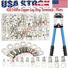 420/140Pcs Cable Lug Copper Ring Crimp Terminal/Plier Battery Wire Connector Kit