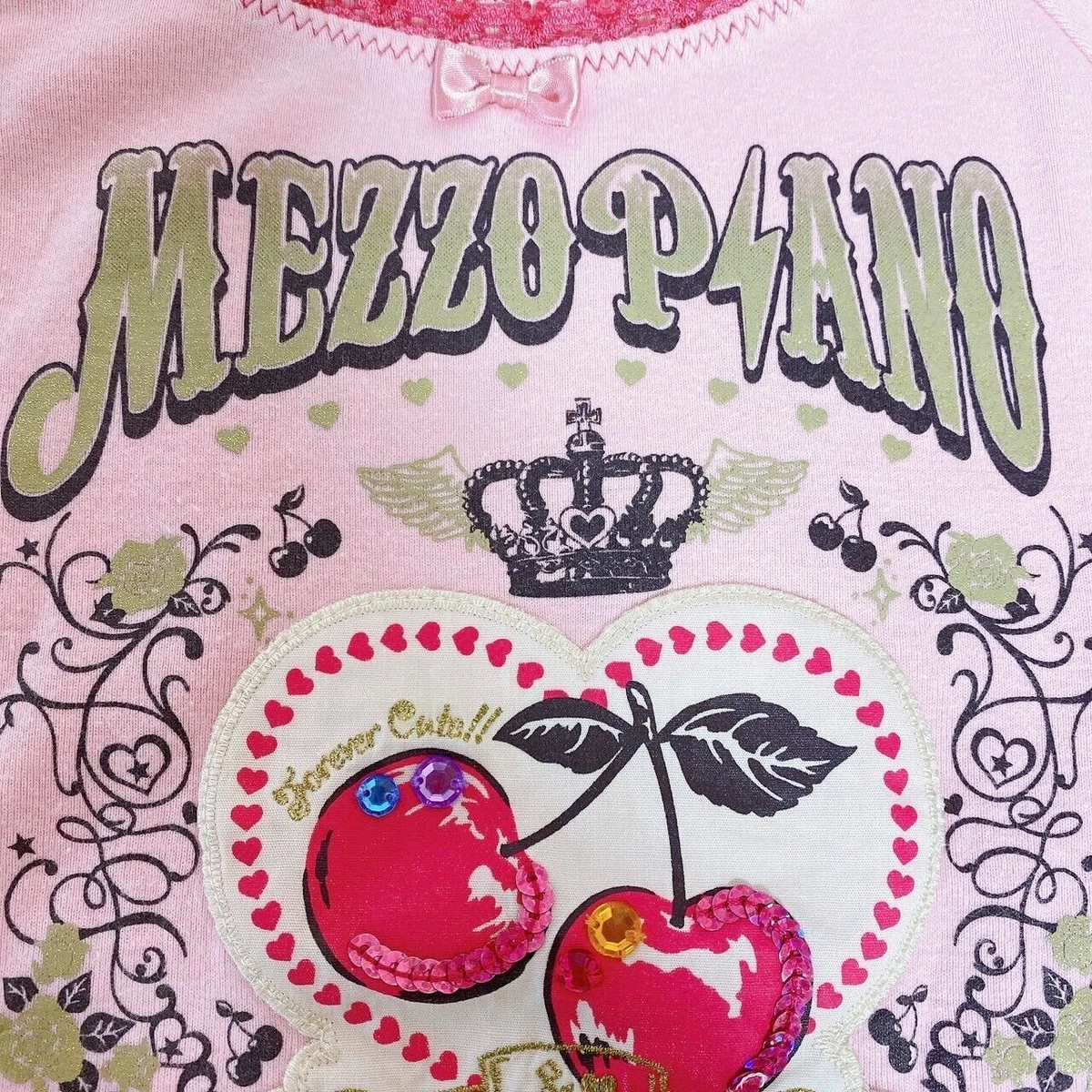 Mezzo Piano Kids T shirt 130cm Pink Cherry Ribbon Pink Heart Frill Crown Lovely