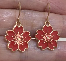 Red Flower Enamel Charm Rose Gold Plated Dangle Earrings  Hypoallergenic  