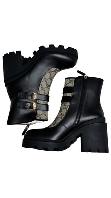 GUCCI GG Ankle Combat Boot with Buckles Lug Sole Beige Black