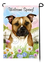 Welcome Spring Garden Flag - Uncropped Brown and White Pit Bull Terrier