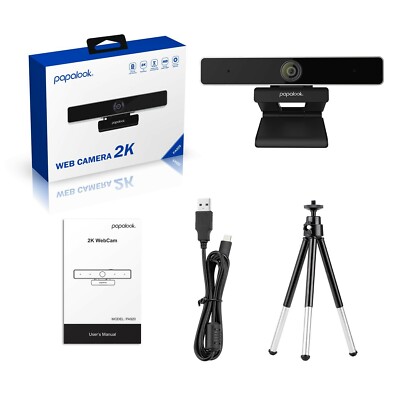 papalook PA920 2K Webcam 2952 x 1944, Dual-Mikrofon, Stativ, Sichtschutzklappe