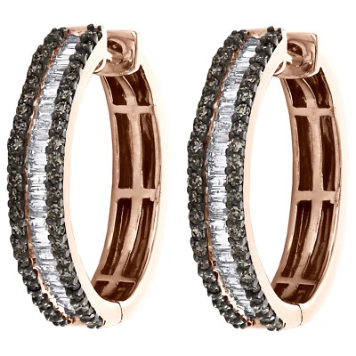 10K Rose Gold Rund Baguette & Brown Diamant Gestuft Reifen / Huggie Ohrringe 1 - Bild 1 von 4