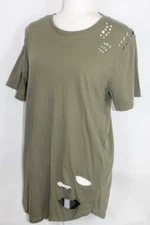 URBAN ID Distressed T-Shirt Woman Size Large Olive Green Short Sleeve Crew Neck
