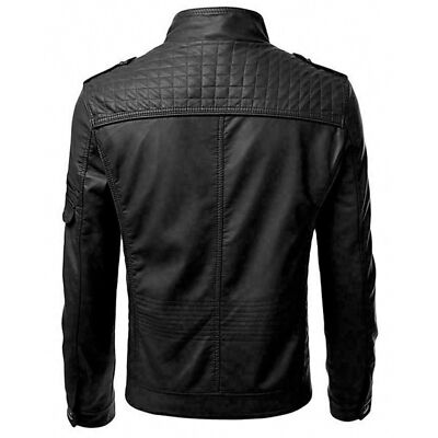 Black leather jacket with shoulder strap, snap button neck, and