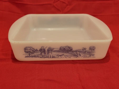 Vintage Glasbake Currier & Ives Milk Glass Bakeware 8 Inch Square Dish