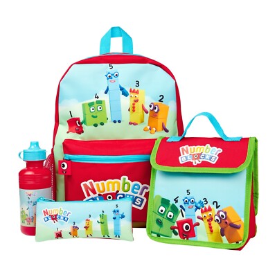 Numberblocks Kinder Rucksack 4-teiliges Schulset Brotzeittasche, Trinkflasche & Federmäppchen