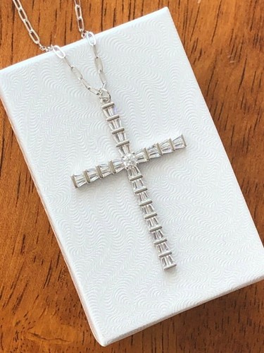 925 Sterling Silver Long Cz Cross Pendant Paperclip Necklace Womens 40mm 20"