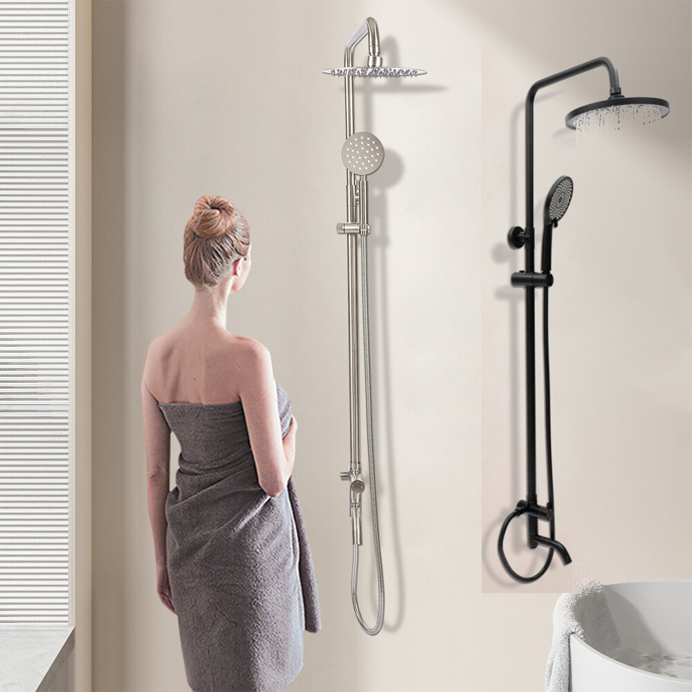 Sliver&Black Shower Faucet Set Rain Round Head Wall Mount Mixer Tap w/Hand Spray