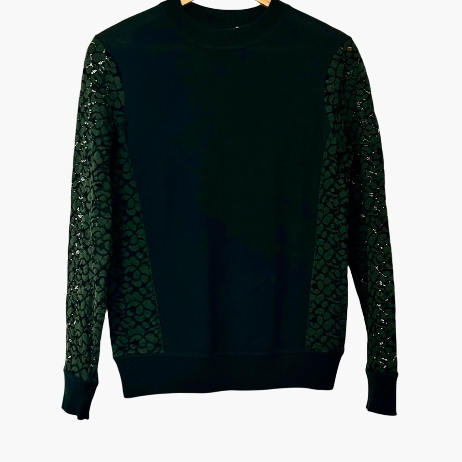 Maglione Tory Burch 100% lana merino verde scuro con dettaglio pizzo floreale taglia XS
