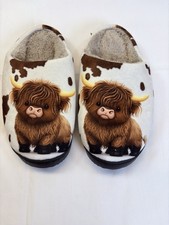 Women  s Slip-On Slippers US 9 Highland Cow Animal Print Faux Fur Lined SR-539