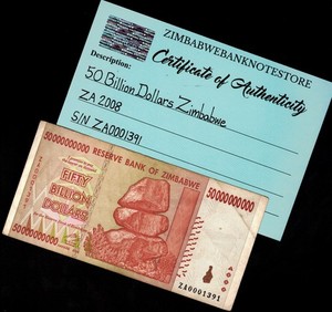 Zimbabwe 50 Billion Dollars Replacement Banknote 2008 COA Authentic ZA0001391