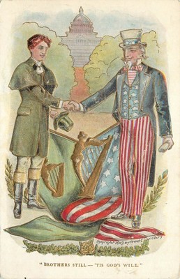 Postcard Uncle Sam Shakes Hands With Ireland Brothers Still Tis God's Will