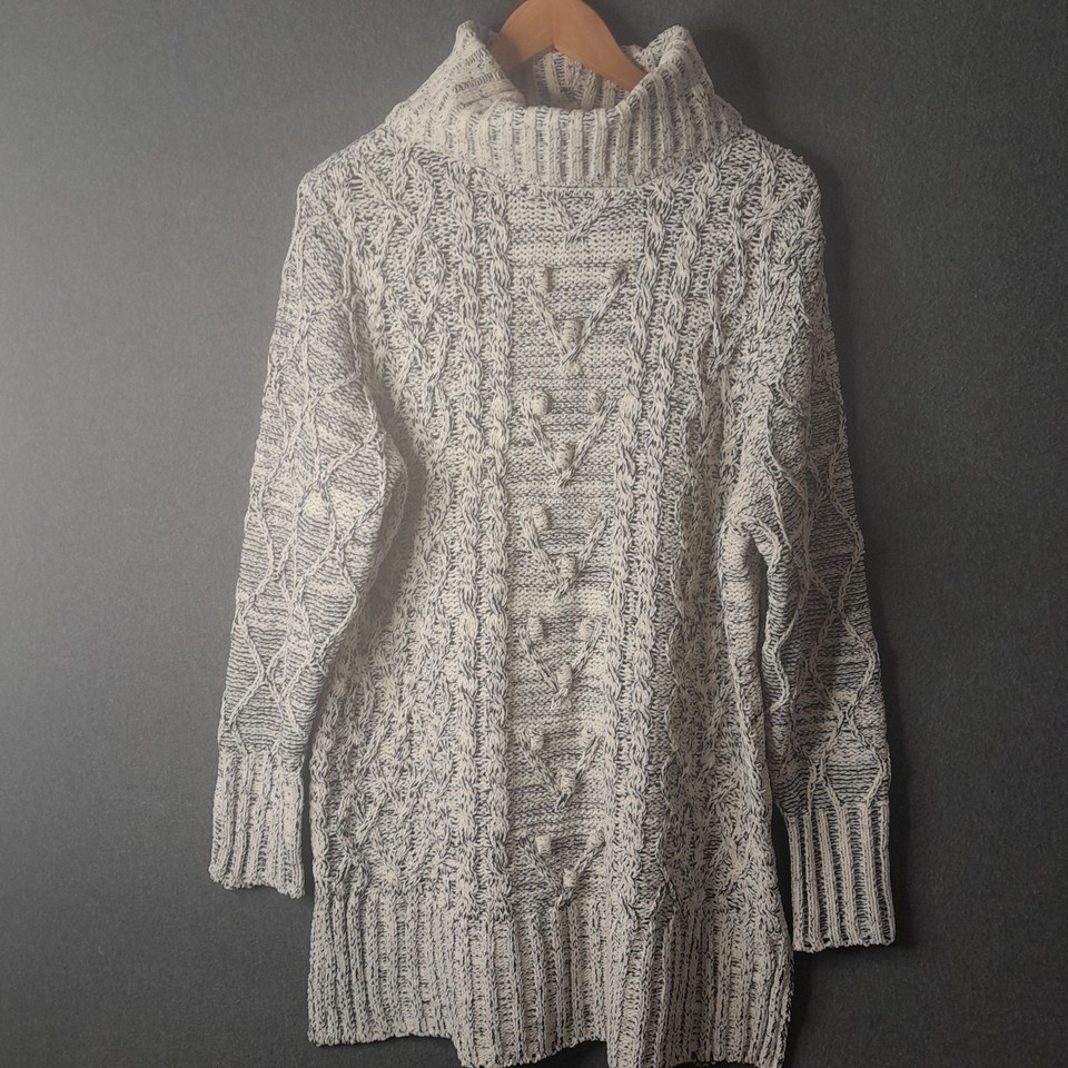 ROCKMANS Womens roll neck jumper Size 14-16 ivory black long sleeve longline