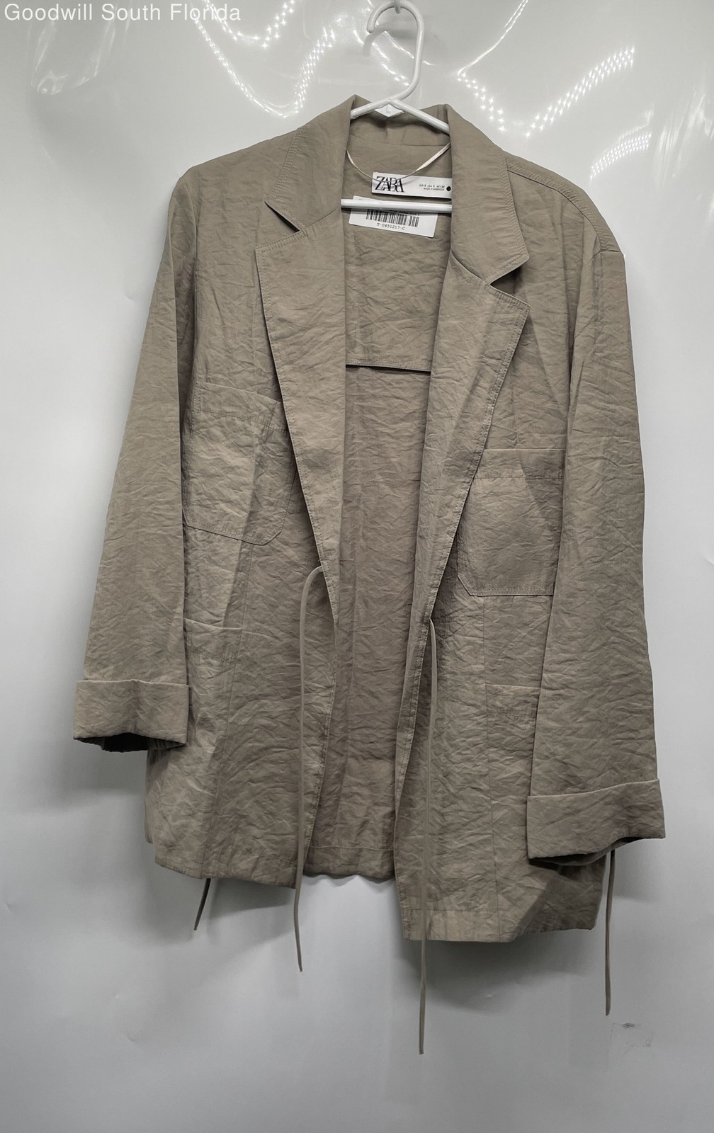 Zara Womens Beige Notch Lapel Front Tie Long Sleeve Blazer Jacket Size Small