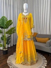 New Attractive Yellow Faux Georgette Kurta Palazzo With Dupatta For Women