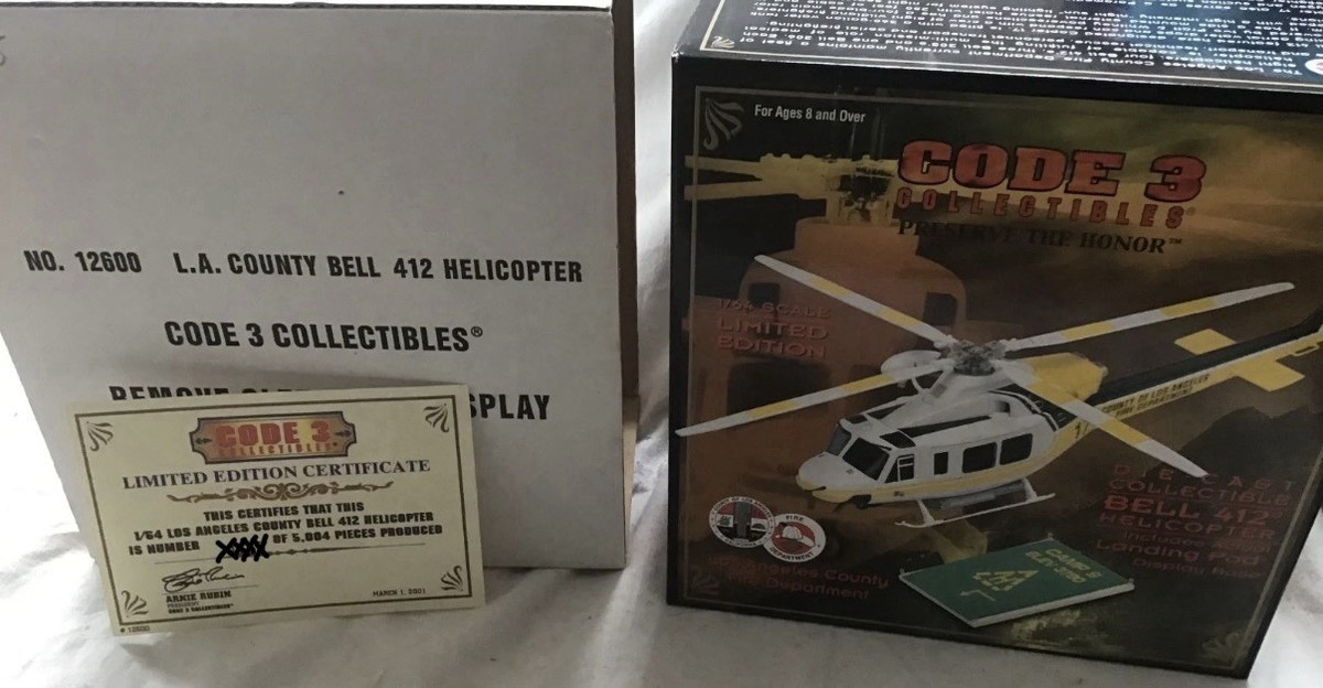 Code 3 (12600) 1/64 scale L A COUNTY Bell 412 Helicopter & Landing