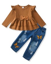 18-24 Months Baby Girl Clothes Infant Outfits Fall winter Ruffle Brown Bow To...