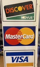 VINTAGE MASTERCARD, VISA AND DISCOVER NOVUS METAL FLANGE SIGN