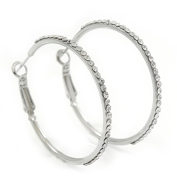 Clear Crystal Classic Hoop Earrings In Rhodium Plating - 4cm Diameter