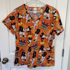 Disney Mickey Mouse Orange Halloween Scrub Top Medium Minnie Front Pockets