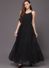 Selvia Black Adjustable Spaghetti Straps Tiered Ruffles Lined Maxi Dress - Small