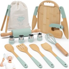 Wooden Kids Cooking Set - Montessori Toddler Kitchen Tools Baking Utensils
