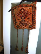 VINTAGE BOHO CARPET RUG BAG WITH 3 PLAIT DANGLES RICH RUST COLOURS NO HANDLES