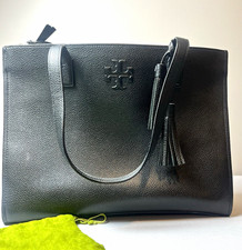Tory Burch Black Satchel Zip Closure Tassel Logo Gold Hardware Detachable Strap