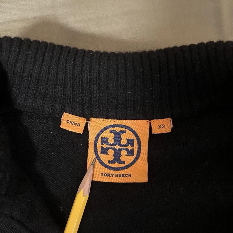 Cárdigan Suéter Tory Burch Lana Cachemira Negro Volantes Ligero Botón XS Foto 4 de 4