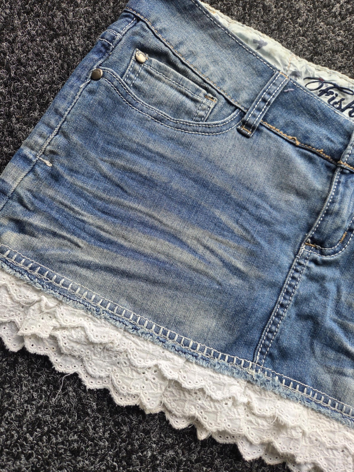 Fishbone Vintage Y2K Denim Mini Skirt Crochet Trim Womens Small Coachella Y2K image 2