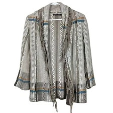 Nic + Zoe Open Fringe Cardigan Sweater SouthWestern Aztec Design Beige PP 2P