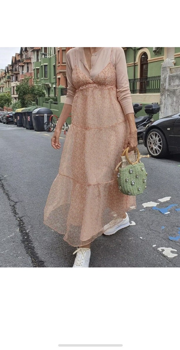 zara pink dress organza ZARA PINK ORNAGE MAXI ORGANZA VOLUMINOUS FLORAL PRINT DRESS SIZE L BNWT