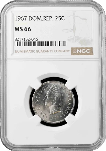 Dominican Republic 25 centavos 1967, NGC MS66, "Republic (1937 - 2023)"