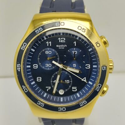 Swatch Irony Swiss Quartz Blue Dial Chronograph V8 Sports Gold Tone Watch 47mm