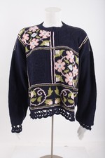 Vintage 90s Generra Womens Sweater Floral Mock Neck M Navy Blue Pink Crochet