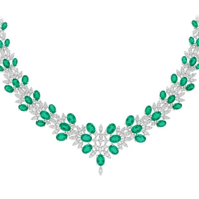30.94 TCW Kunstdiamanten Grown Cvd Diamant Synthetisch Smaragd Collier 14k Weiß - Bild 1 von 4