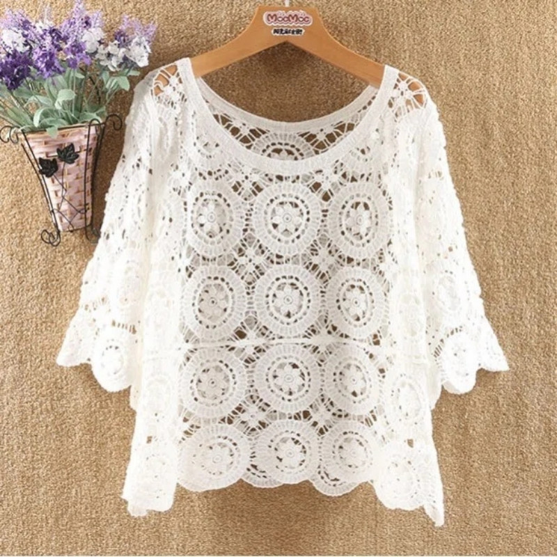 Lady Hollow Crochet Top Knit Pullover Half Sleeve Shirt Bolero Shrug Shawl Basic