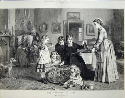 Antiker alter Druck 1873 Weihnachtskorb Kinder Korb Vogel Hund Fine Art 19.