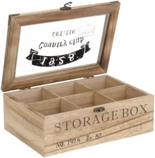 6 Compartment Wooden Tea Box Storage Organiser with Glass Lid & Clasp Lock