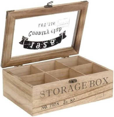 6 Fächer Holz Tee Box Aufbewahrung Organizer mit Glasdeckel & Verschluss Verschluss